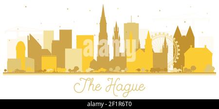 The Hague Netherlands City Skyline Silhouette with Golden Buildings Isolated on White. Business Travel and Tourism Concept with Historic Architecture. Stock Vector