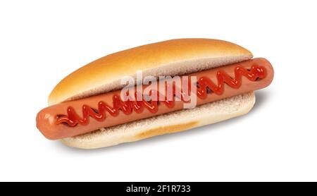 Hot dog with ketchup on white Stock Photo