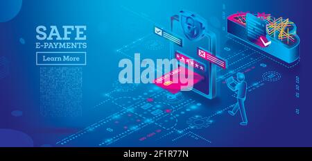 Safe E-payments on Smartphone or Tablet Computer. Cyber Security. Cloud Technology. Isometric Concept with Credit Card. Financial App in Neon Colors. Stock Vector