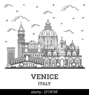 Outline Venice Italy City Skyline with Historic Buildings Isolated on White. Vector illustration. Venice Cityscape with Landmarks. Stock Vector