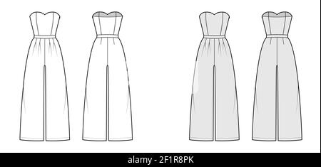 Strapless jumpsuit overall technical fashion illustration with full length, normal waist, high rise, double pleats. Flat apparel garment front back, white grey color style. Women men unisex CAD mockup Stock Vector