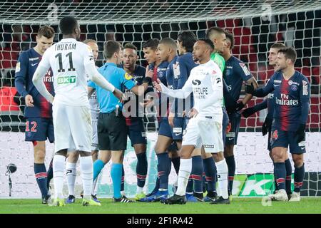 Neymar da Silva Santos Junior - Neymar Jr (PSG), Thiago Silva (PSG), Kylian Mbappe (PSG) protest against the third penalty for EA Guingamp, referee, Marcus Thuram (EA Guingamp), Etienne DIDOT (En Avant Guingamp), during the French League Cup, quarter final football match between Paris Saint-Germain and EA Guingamp on January 9, 2019 at Parc des Princes stadium in Paris, France - Photo Stephane Allaman / DPPI Stock Photo