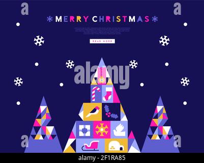 Merry Christmas web template illustration of modern folk art pine tree forest with neon color scandinavian decoration and flat geometric xmas icons. I Stock Vector