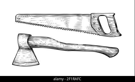 Ax and saw sketch. Carpentry tools in vintage engraving style Stock Vector