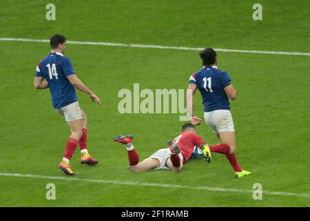 Tomos Williams (Pays de Galles - Wales) scored a try, Damien Penaud (FRA), Yoann Huget (FRA) during the Six Nations 2019 rugby union match between France and Wales on January 1, 2019 at Stade de France in Saint-Denis near Paris, France - Photo Stephane Allaman / DPPI Stock Photo