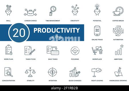 Productivity icon set. Contains editable icons productivity theme such as career choice, creativity, coffee break and more. Stock Vector