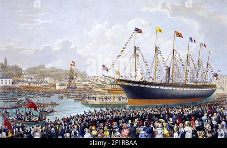 SS Great Britain. The launch of Isambard Kingdom Brunel's SS Great Britain in Bristol, 1843, engraving by Thomas Ashburton Stock Photo