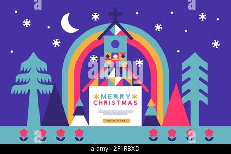 Merry Christmas web template illustration of modern folk art church building in pine tree forest with neon color mosaic decoration. Peaceful flat cart Stock Vector