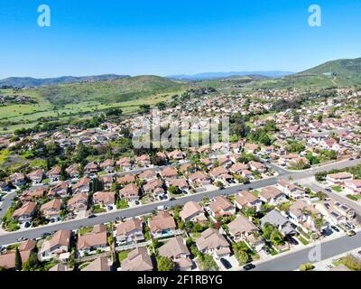 Aerial view of upper middle class neighborhood in the valley with blue sky Stock Photo