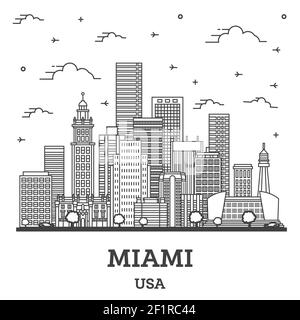Outline Miami Florida City Skyline with Modern Buildings Isolated on White. Vector Illustration. Miami USA Cityscape with Landmarks. Stock Vector