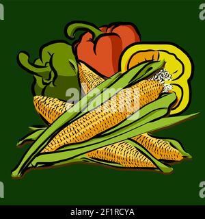 Hand drawn corn and cut bell bell pepper on green background Stock Vector