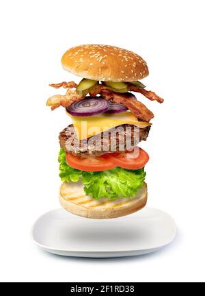 Flying burger on a white background Stock Photo