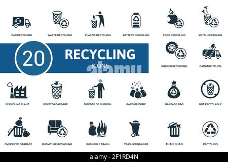 Recycling icon set. Contains editable icons recycling theme such as waste, battery recycling, metal recycling and more. Stock Vector