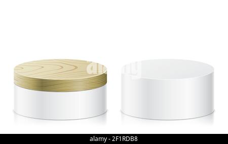 Vector set of oval shape stands isolated on white background. Round form white pedestal with wooden cover, with free space for an object, product, or text placement. Stock Vector