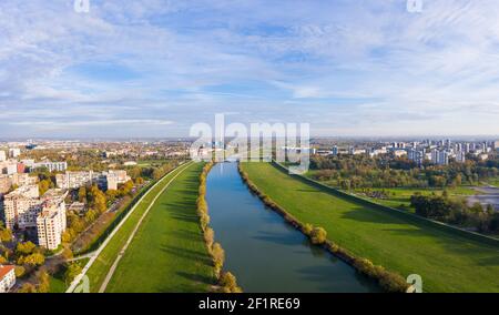 Panoramic aerial view of scenic sunset above Sava river, Zagreb,