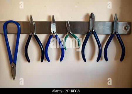 Six pliers for make jewelry Stock Photo