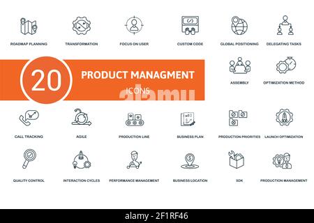 Production Management icon set. Contains editable icons production management theme such as transformation, custom code, delegating tasks and more. Stock Vector