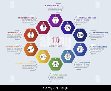 Infographic Sensor template. Icons in different colors. Include Water Quality Sensor, Flame Detector, Smoke Detector, Alcohol Sensor and others. Stock Vector