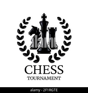 Chess tournament emblem. Chess Pieces King, Knight, Rook with a wreath. Silhouettes of chess pieces. Vector illustration isolated on white. Stock Vector