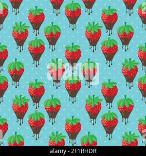 Chocolate dipped strawberry seamless vector pattern background. Painterly red berries dripping with melting molten ganache on blue polka dot backdrop Stock Vector