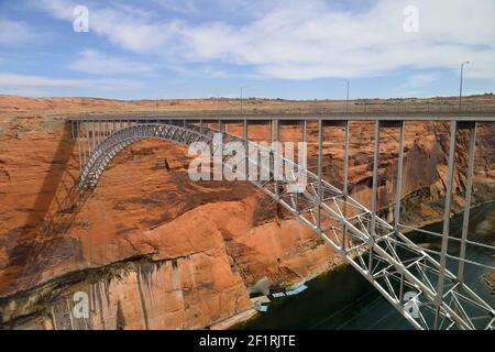 Glen Canyon Dam Bridge is a steel arch bridge carrying U.S. Route 89 across the Colorado River, Coconino County, Arizona, USA Stock Photo