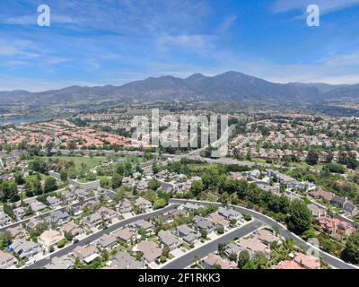 Aerial view of master-planned private communities with big villas with swimming pool, Mission Viejo. Stock Photo