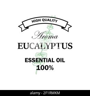 Eucalyptus essential oil logo with hand drawn element isolated on white background. Vector illustration in vintage style Stock Vector