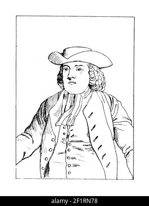 Antique 19th-century engraving of a portrait of William Penn, English founder of the Province of Pennsylvania. He was born on October 14, 1644 in Lond Stock Photo