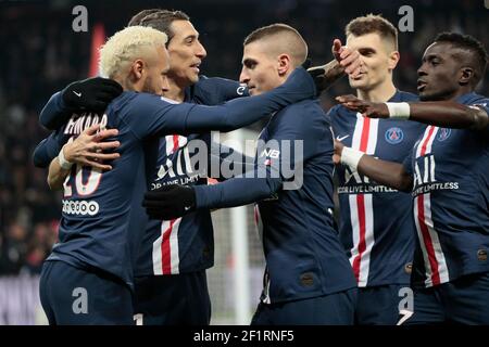 Neymar da Silva Santos Junior - Neymar Jr (PSG) scored a goal against Benjamin LECOMTE (AS Monaco) , celebration with Angel Di Maria (PSG), Marco Verratti (PSG), Thomas Meunier (PSG), Idrissa GUEYE (PSG) during the French championship L1 football match between Paris Saint-Germain and AS Monaco on January 12, 2020 at Parc des Princes stadium in Paris, France - Photo Stephane Allaman / DPPI Stock Photo