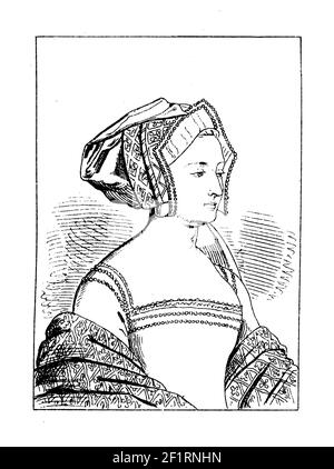 Antique illustration of a portrait of Anne Boleyn, Queen of England as the second wife of King Henry VIII. She was born in 1501 (1507) in Norfolk, Eng Stock Photo