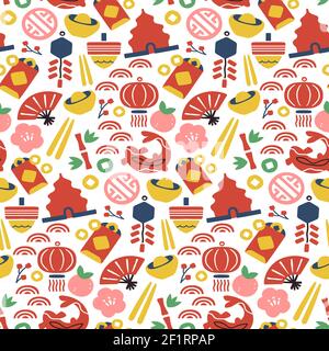 Chinese culture icon seamless pattern. Colorful flat cartoon symbol background includes fan, paper lantern, gold coin and plum flower. Asian style des Stock Vector