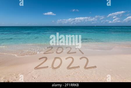 2022 New Year on the beach. Stock Photo