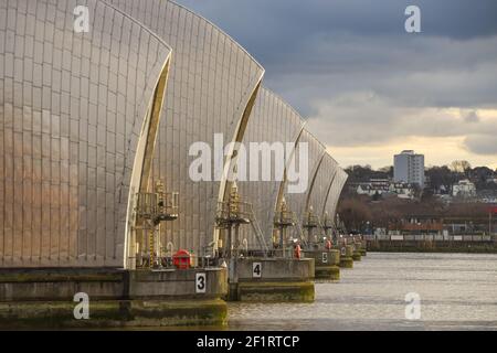 Thames Barrier, Greenwich, London daytime view. Stock Photo