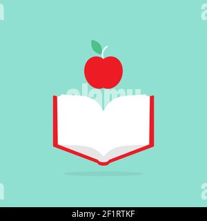 Open book with red book cover and red apple. Isolated on blue background. Flat icon. Vector illustration. Science reading logo. Education and knowledg Stock Vector