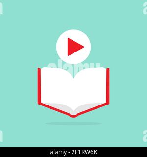 red opened book with play button on blue background. Flat vector illustration. Internet education online logo. Study, learn online concept. Listen aud Stock Vector