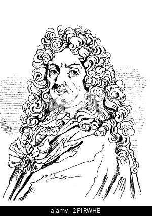 Antique illustration of a portrait of Charles Le Brun, French painter and art theorist. Born on February 24, 1619 in Paris, France, he died on Februar Stock Photo