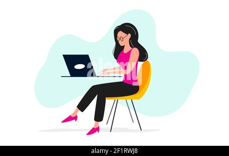 Business woman working in office behind her desk with a laptop. Flat style character and modern vector illustration. Stock Vector