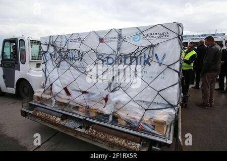 Containers with the vaccines seen during a ceremony to mark the arrival of 30,000 doses of the Sputnik V vaccine shipment at Tunis-Carthage International Airport. Stock Photo
