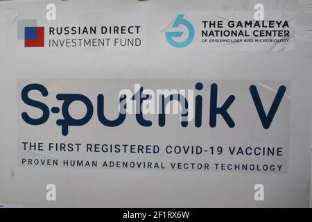 A logo on a container with the vaccines seen during a ceremony to mark the arrival of 30,000 doses of the Sputnik V vaccine shipment at Tunis-Carthage International Airport. Stock Photo