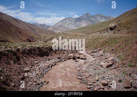 Horcones river in Aconcagua National Park. Andes mountains landscape with arid climate and rocky mountains. Mendoza province, Argentina Stock Photo