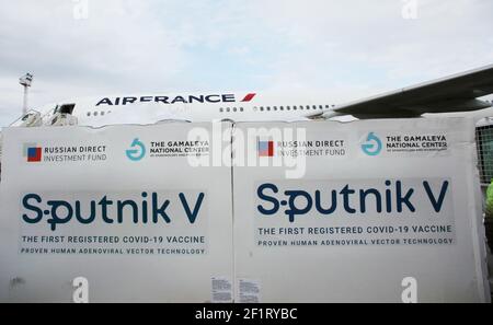 Tunis, Tunisia. 1st Jan, 2000. Containers with the vaccines seen during a ceremony to mark the arrival of 30,000 doses of the Sputnik V vaccine shipment at Tunis-Carthage International Airport. Credit: Jdidi Wassim/SOPA Images/ZUMA Wire/Alamy Live News Stock Photo