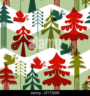 Christmas holiday seamless pattern of traditional scandinavian folk pine tree decoration in vintage nordic art atyle. Retro background for wrapping pa Stock Vector