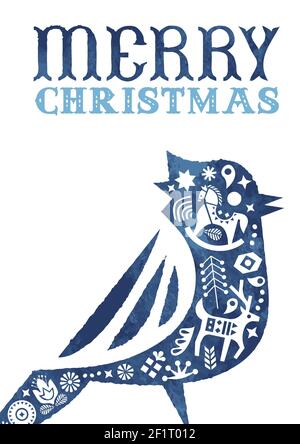 Merry Christmas greeting card, vintage scandinavian art decoration inside watercolor bird animal for holiday invitation or seasonal greetings. Include Stock Vector