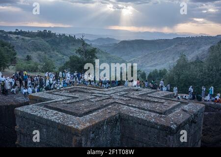 Church of Saint George During Christmas At Sunset in Lalibela, Ethiopia. Stock Photo