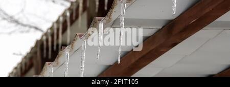 Icicles and a drop of melt water close-up. Snow melting. The beginning of the warm season, the end of winter. Stock Photo