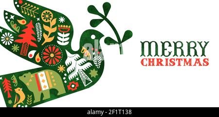 Merry Christmas retro folk art web banner. Traditional nordic decoration in watercolor dove bird for holiday invitation or seasonal greetings. Include Stock Vector