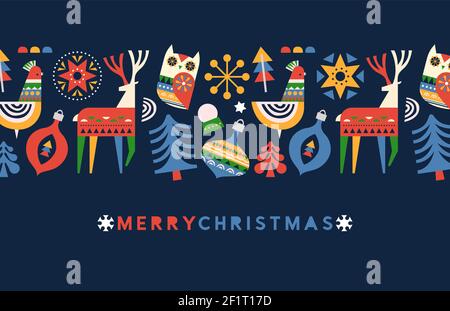 Merry christmas greeting card illustration of colorful folk art animal and holiday season decoration. Xmas design includes reindeer, pine tree, birds. Stock Vector