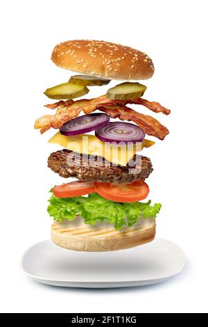 Flying burger on a white background Stock Photo