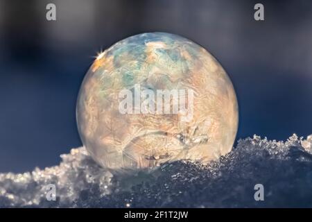 Bubbles, created in winter by the photographer, rapidly form ice crystals on the inside surfaces, Michigan, USA, Stock Photo