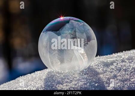 Bubbles, created in winter by the photographer, rapidly form ice crystals on the inside surfaces, Michigan, USA, Stock Photo
